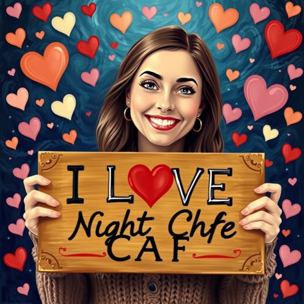 Woman Surrounded by Whimsical Hearts in a Night Cafe Scene