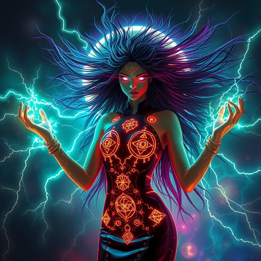 Mystical Glowing Cyberpunk Witch Unleashes Electricity