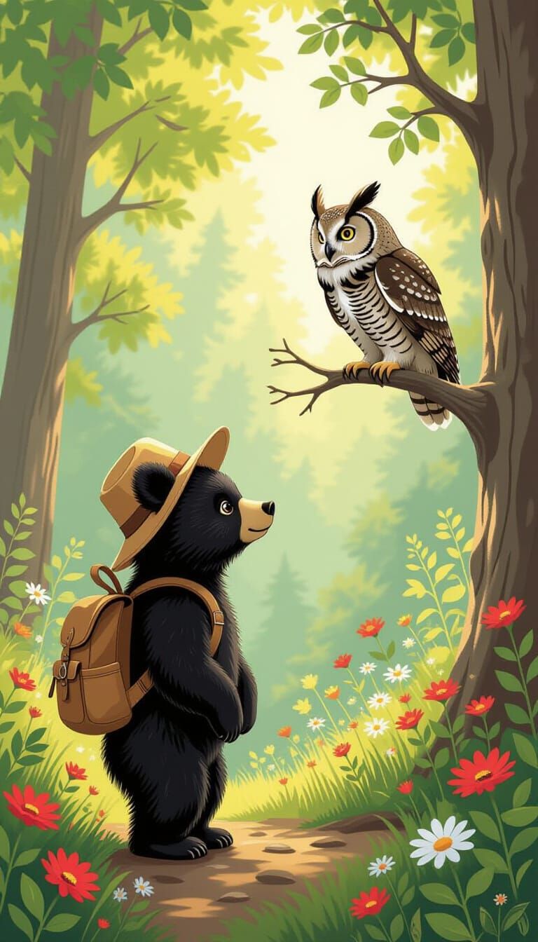 Bear Cub and Owl's Forest Encounter