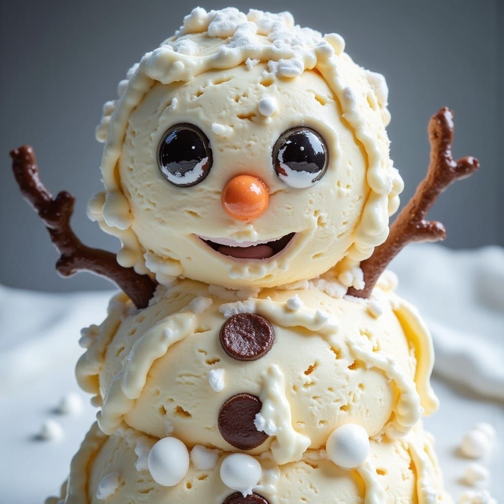 Ice Cream Snowman with Chocolate Chips and Marshmallows