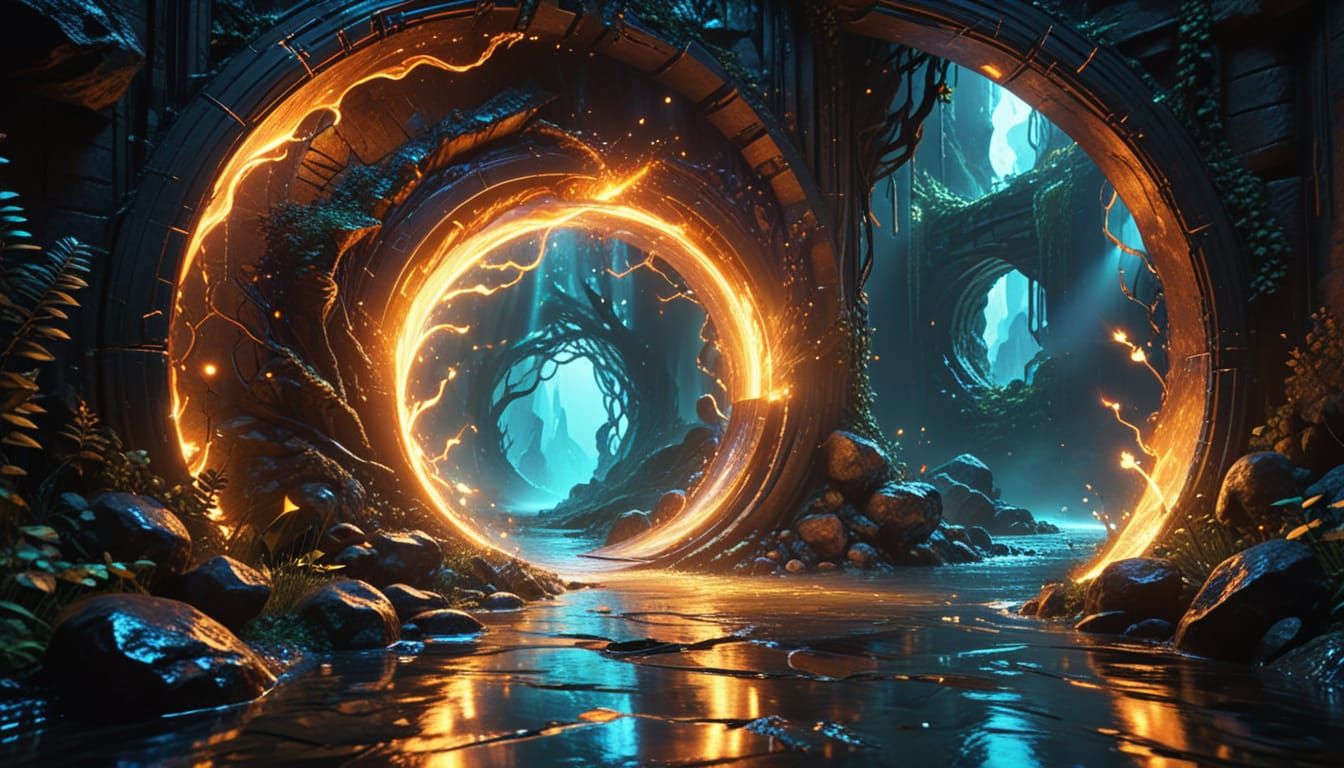 Glowing Portal Connects Worlds in Abstract Expressionism
