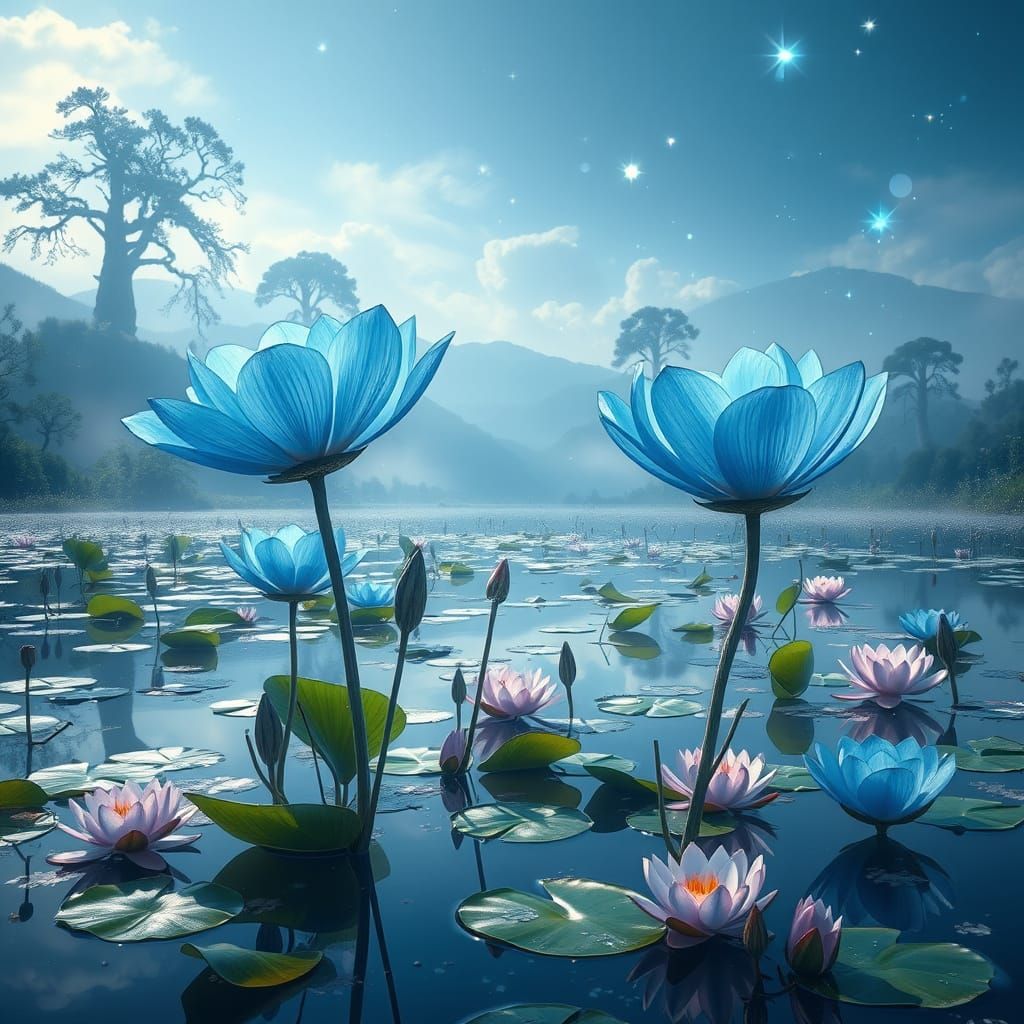 Majestic Blue Flowers in Ethereal Glow with Magical Sparkles...