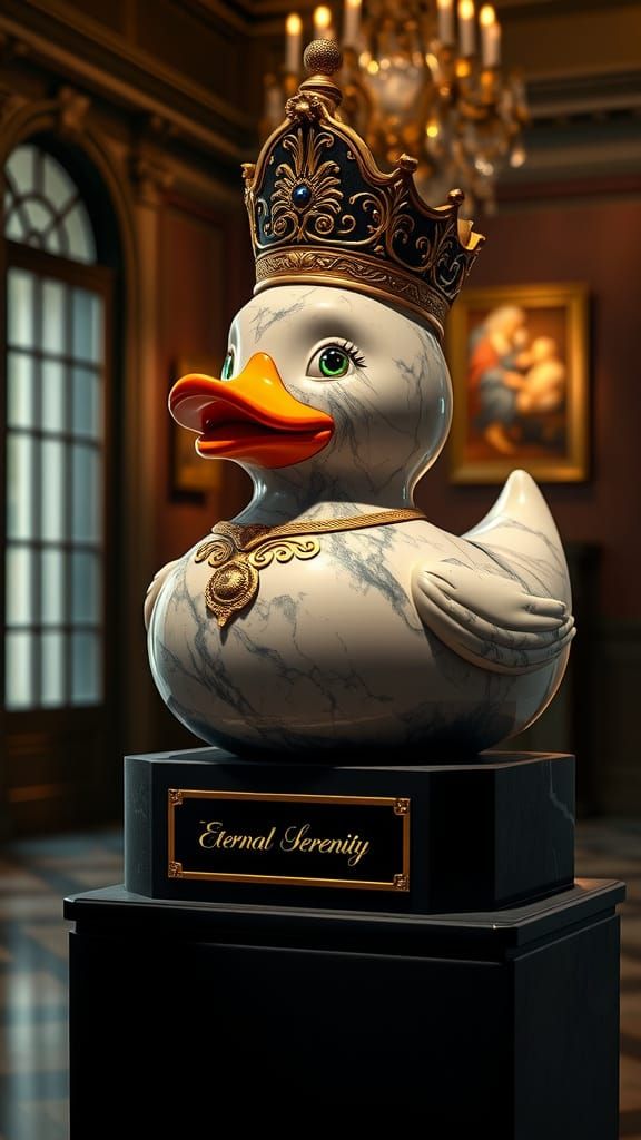 Majestic Marble Rubber Duck Sculpture in Elegant Art Gallery...
