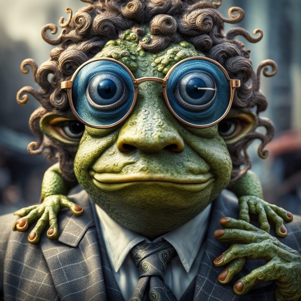 Hyperrealistic Man-Frog Hybrid Portrait with Glasses