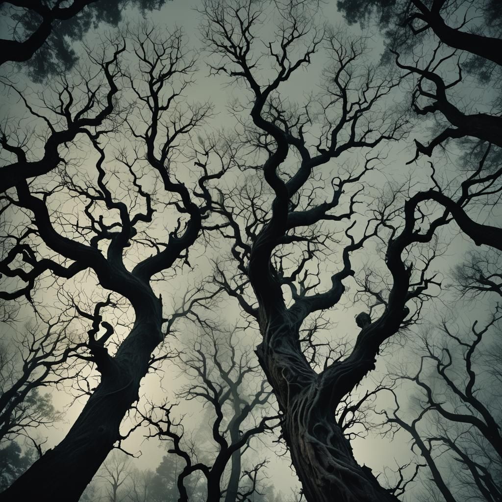 Eerie Dystopian Forest: Twisted Trees in Surrealism