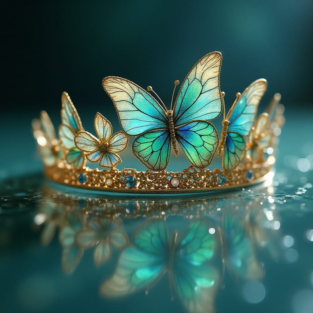 Golden Tiara with Iridescent Butterfly Wings on the Neck