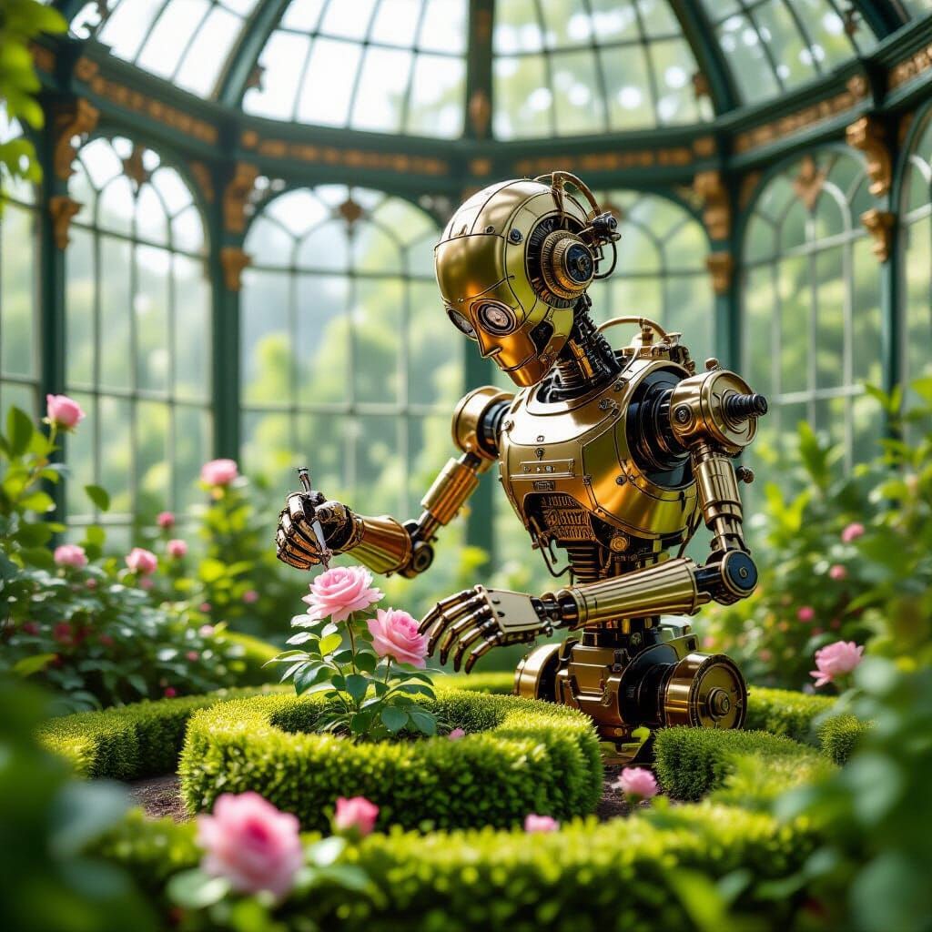 Clockwork Automaton Tends Victorian Conservatory Garden
