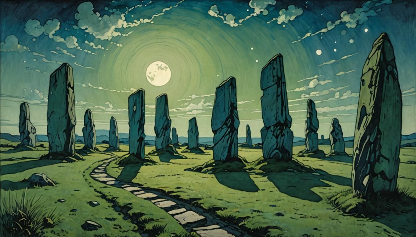 Standing Stones Path Under Moonlight in Art Nouveau Style