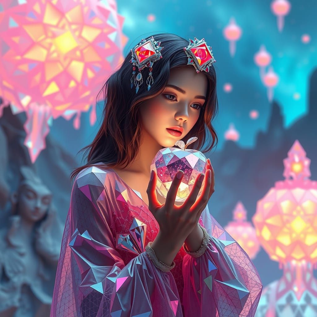 Crystalline Woman in Cosmic Sanctuary, Futuristic Art Style