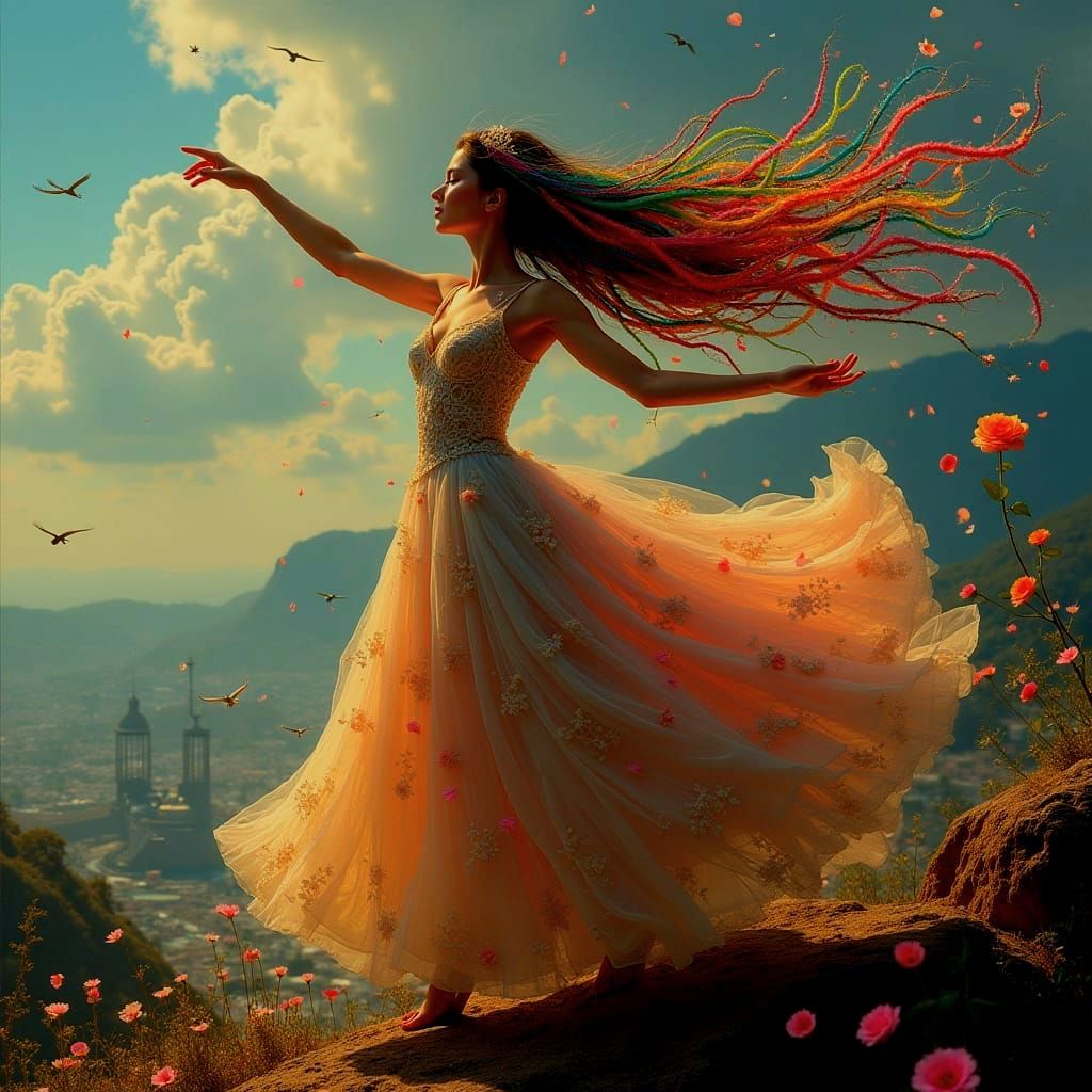 Woman's Transformative Dance: A Photorealistic Dreamscape