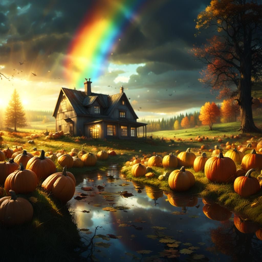 Autumn Pumpkin Field with Rainbow, Digital Matte Painting