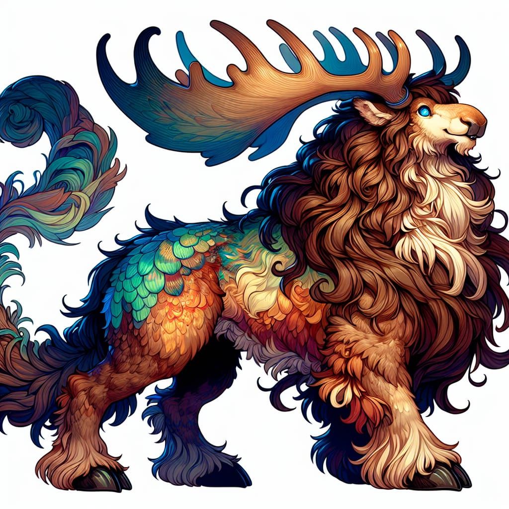 Chibi Mythical Moose-Buffalo-Deer Creature in Abstract Style