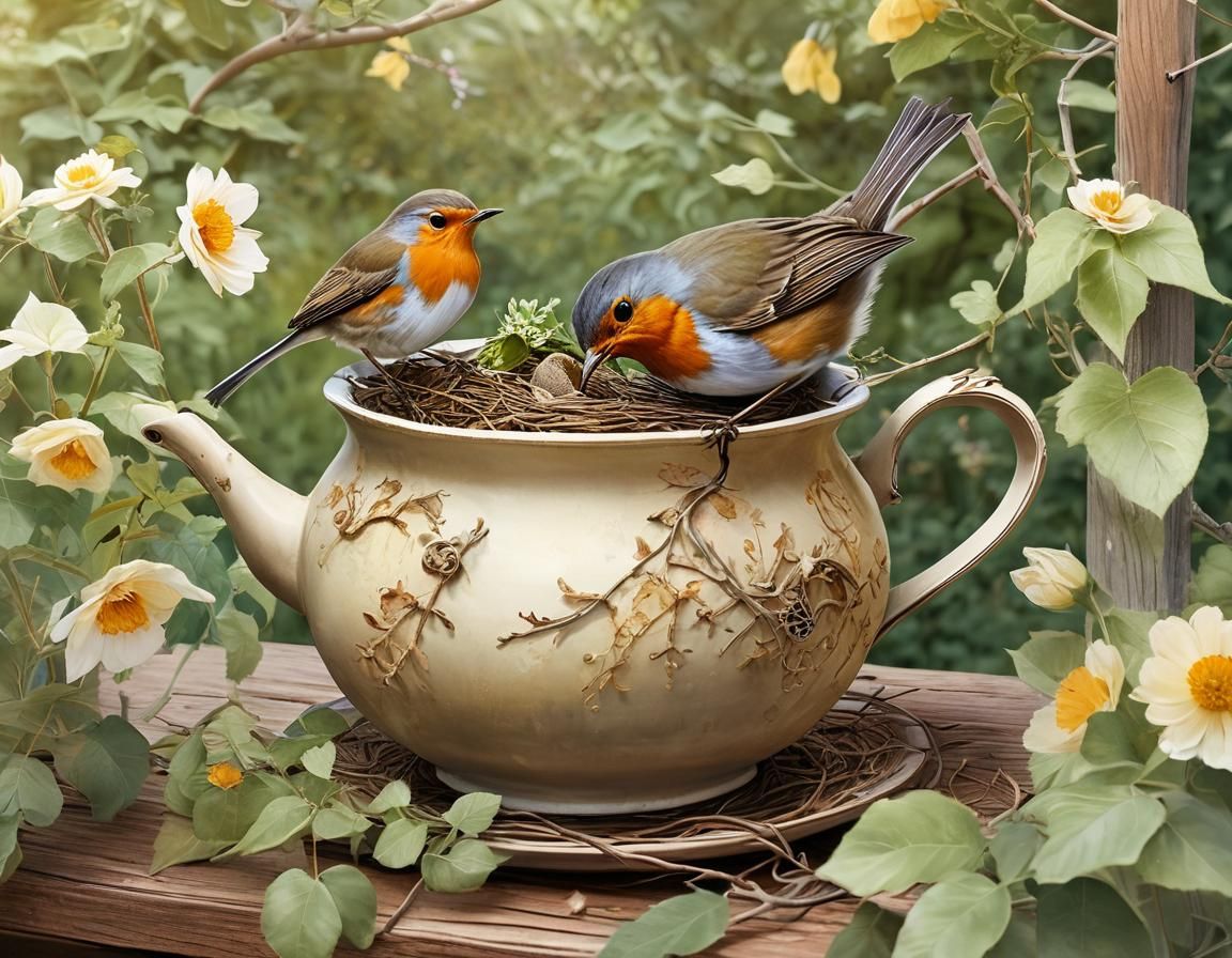 Robin's Teapot Nest: A Whimsical Watercolor Illustration
