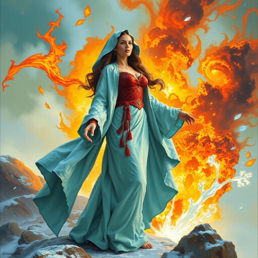 Icy Goddess in Fiery Landscape, in Fantasy Art Style