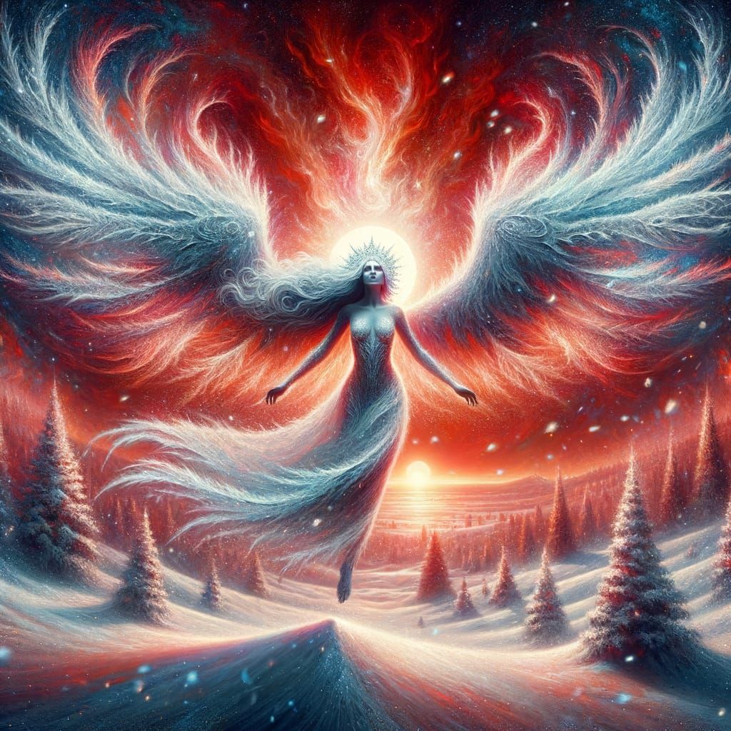 Goddess of Ice and Flame Rises Over Snowy Landscape