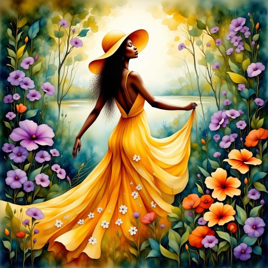 African American Woman in Vibrant Yellow Sundress, Amidst Lu...