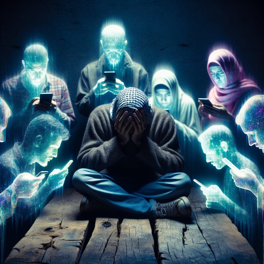 Solitary Man Surrounded by Digital Ghosts