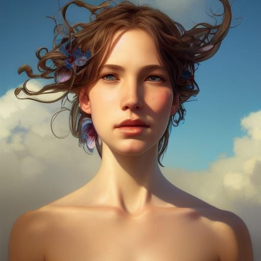 Blue Sky Clover Field Portrait in Art Nouveau Style