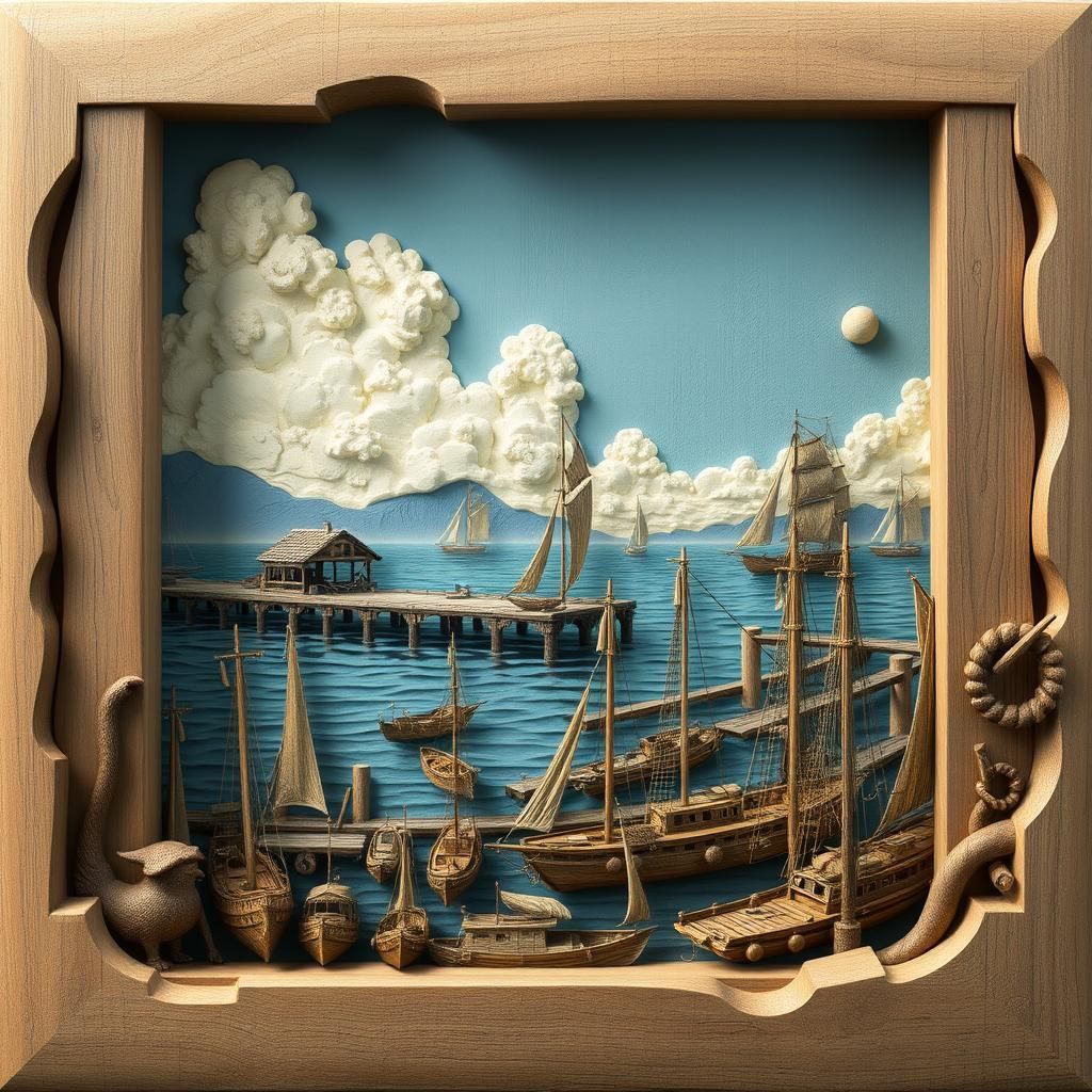 Detailed Wood Carving of Bustling Harbor Scene