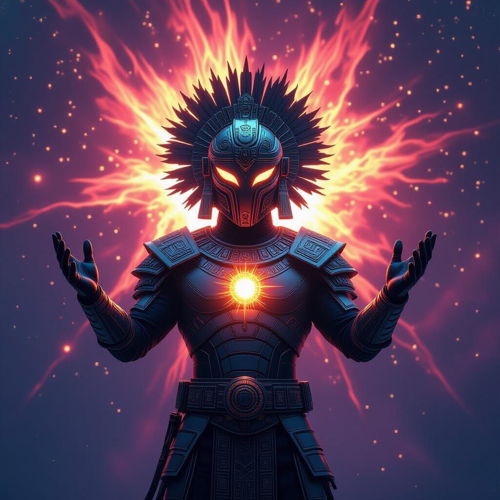 Aztec Sun God Huitzilopochtli in Futuristic Spacesuit Amidst...