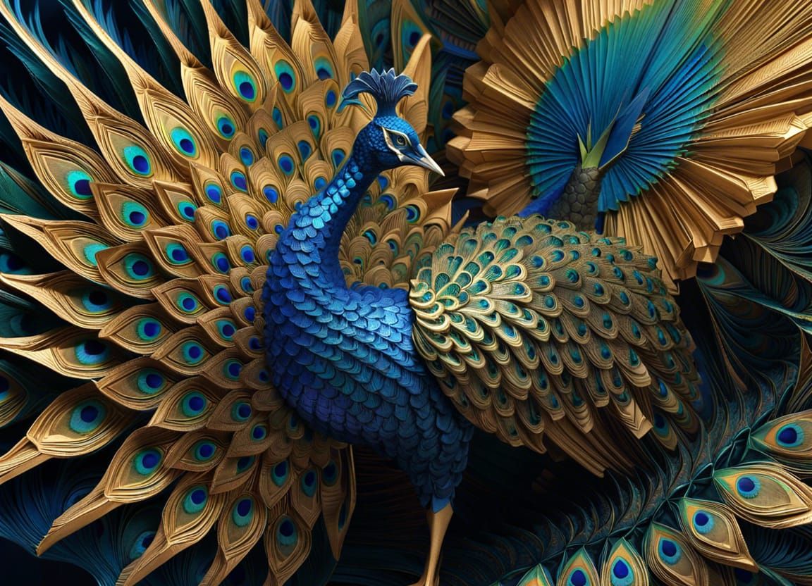 Fractal Origami Peacock in Detailed Matte Painting