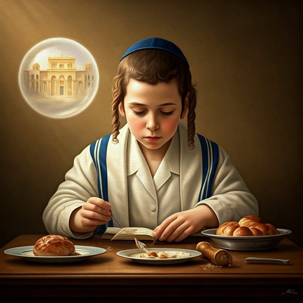 Orthodox Hasidic Boy Blesses Food with Temple in the Backgro...