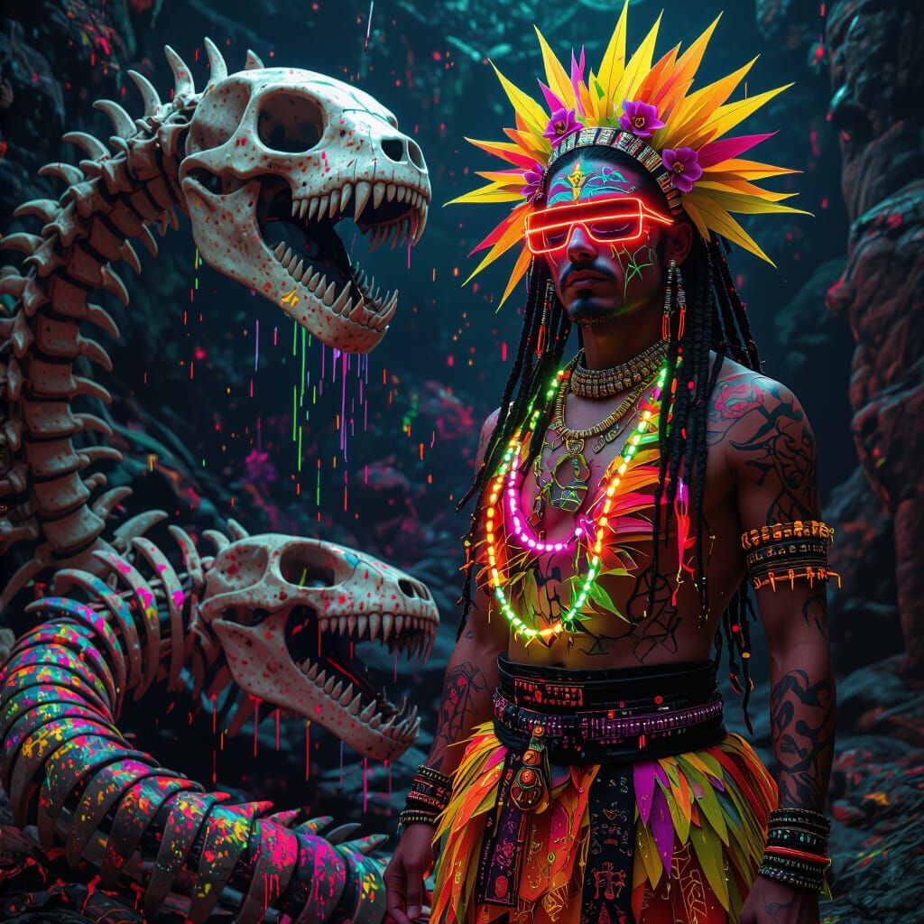 Neon Raver Goddess and Impish Figure with Serpent Skeleton