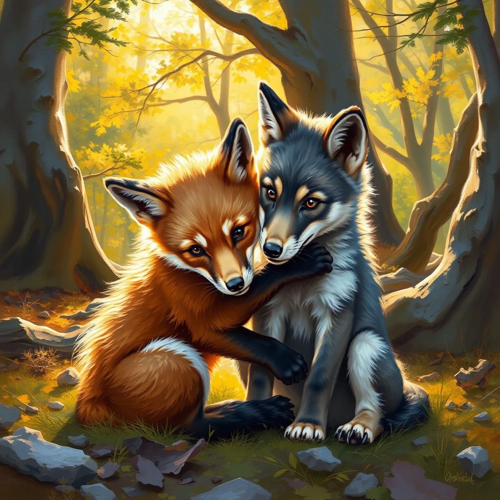 Fox and Wolf Pups in Woodland Clearing