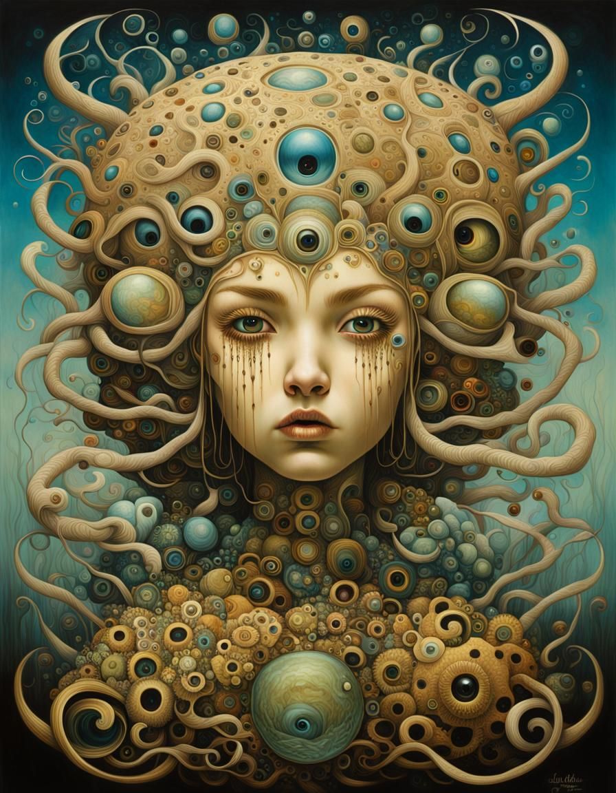 Surrealist Woman Encased in Faces and Branches