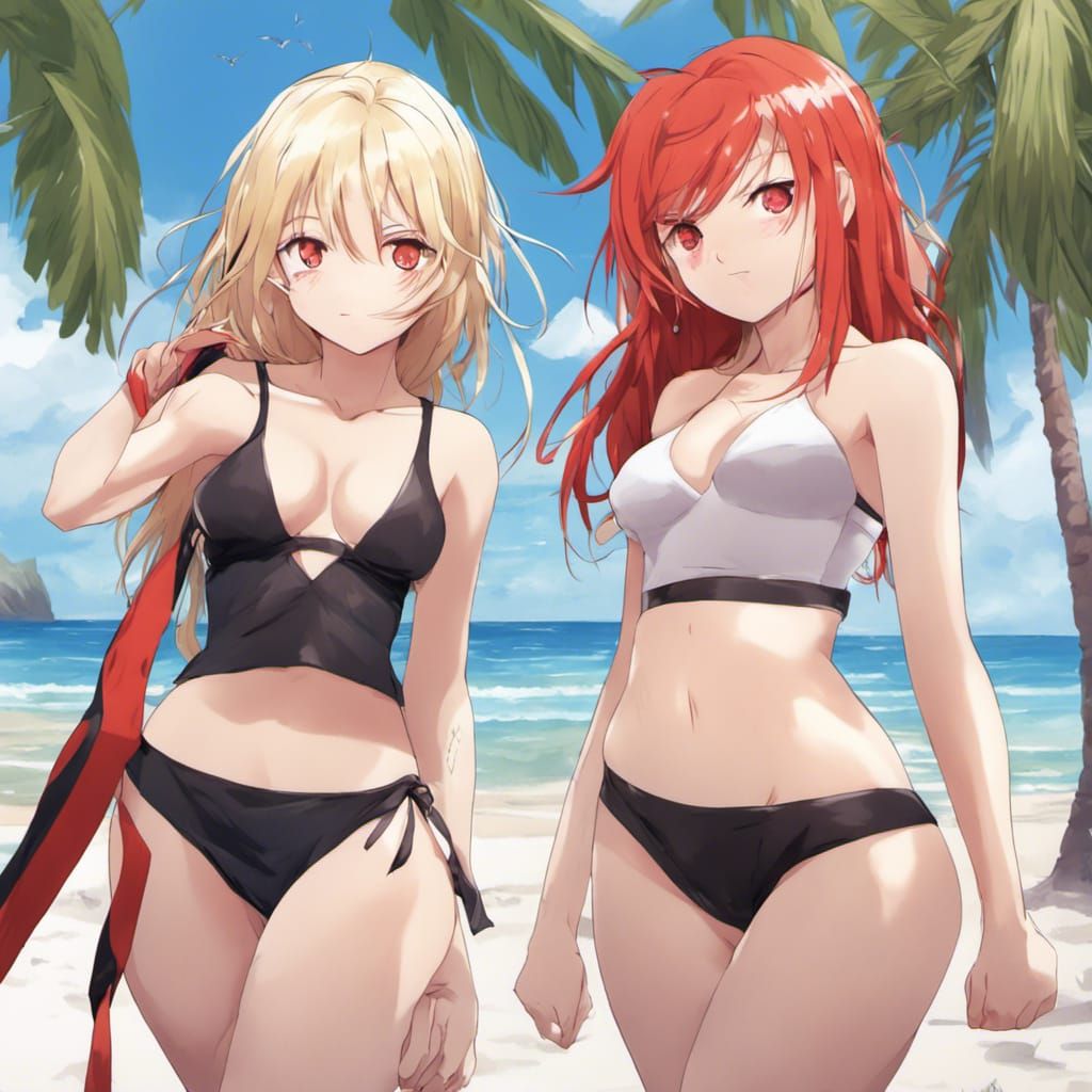 Anime Girls in Bikinis on the Beach