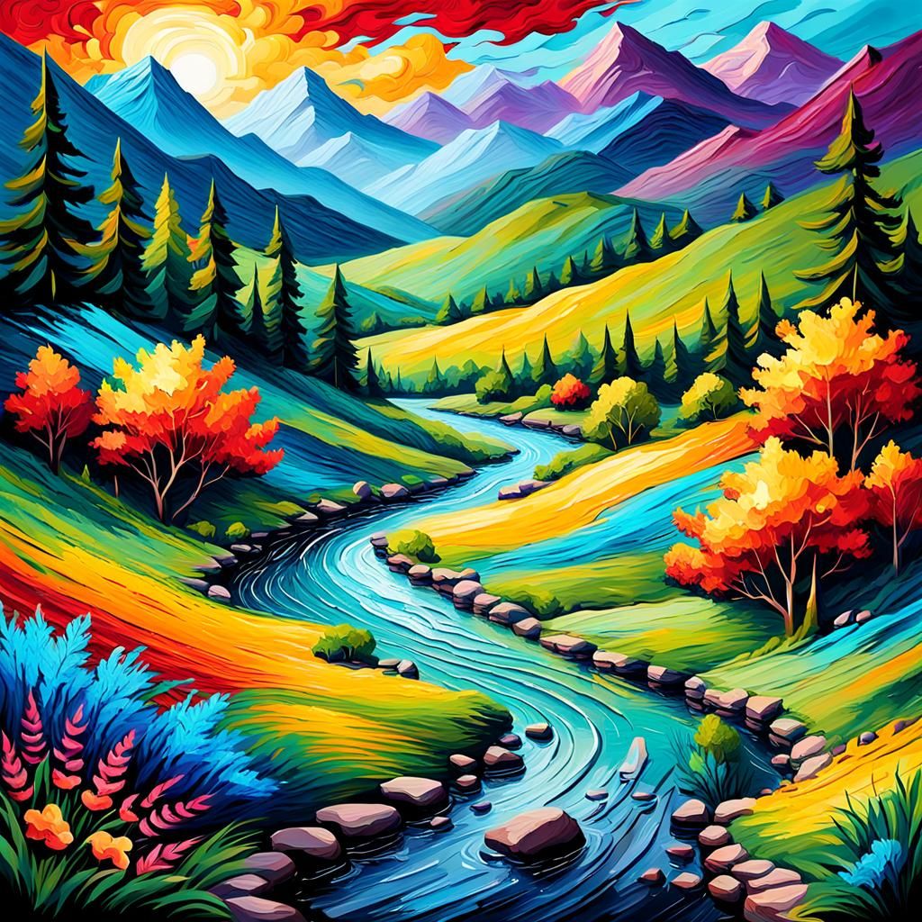 A digital painting showcasing vibrant impasto stunning landscape