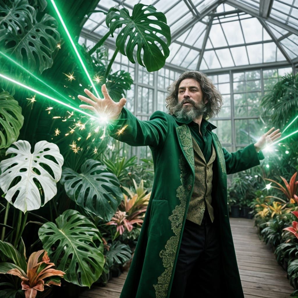 Man Tends Giant Monsteras with Magical Sparks in Conservator...