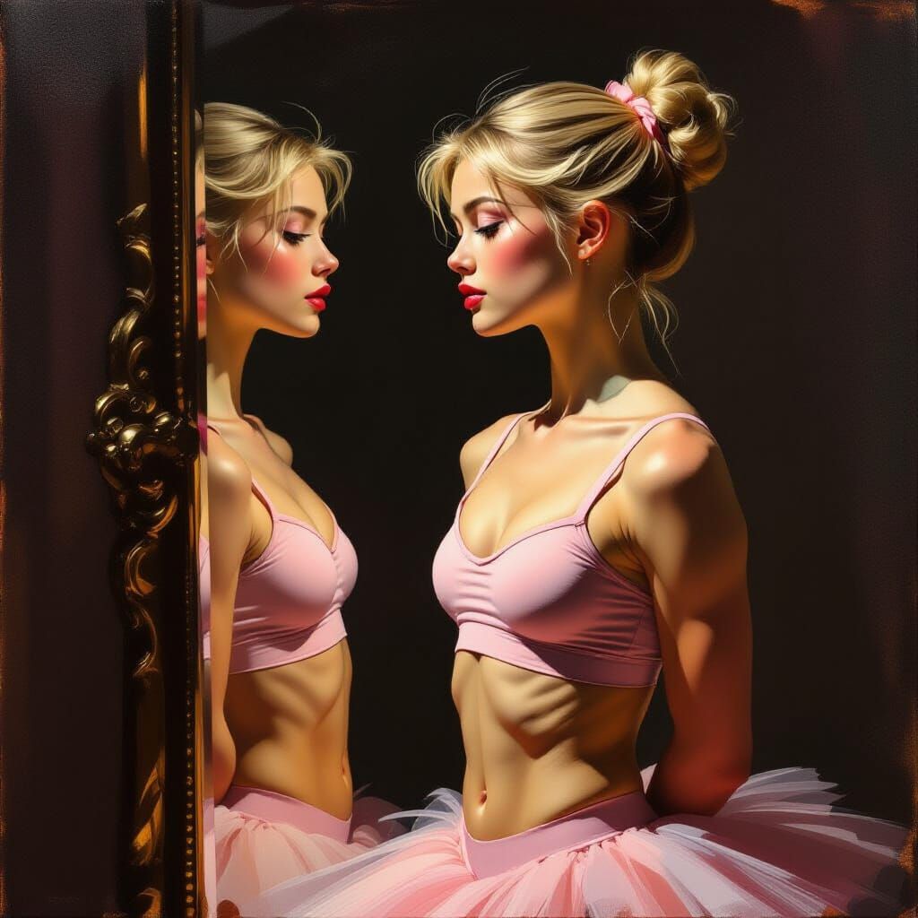 Ballet Dancer's Intense Reflection in Chiaroscuro Style