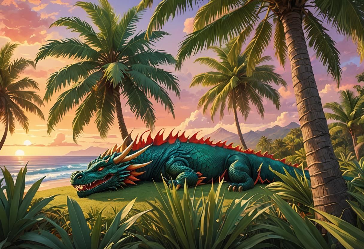 Whimsical Dragon Under Tropical Palm Tree in Sunset Glow