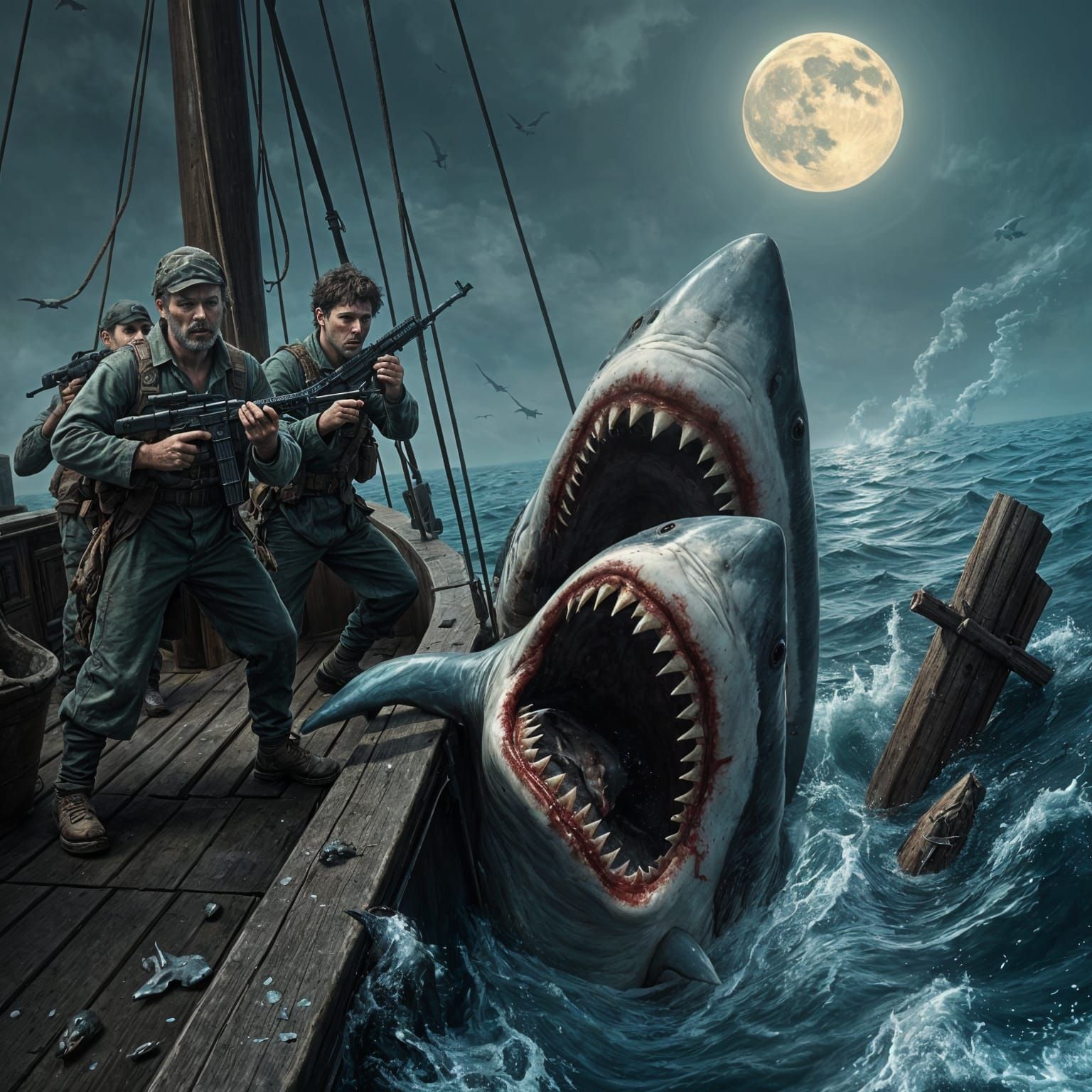 Sharks Attack Humans: Boat Horror Scene