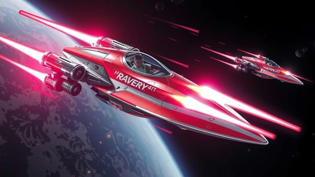 Metallic Starfighter Soars Through Iridescent Vortex in Cybe...