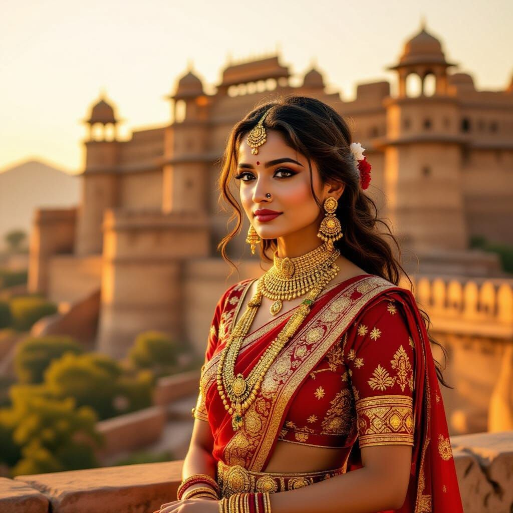 Woman in Rajasthan with Sandstone Fortress