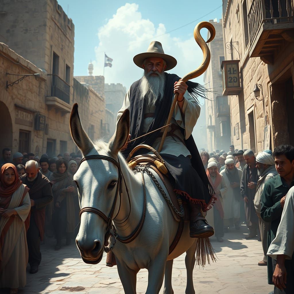 Haredi Jew Rides Donkey Through Jerusalem, Matte Painting