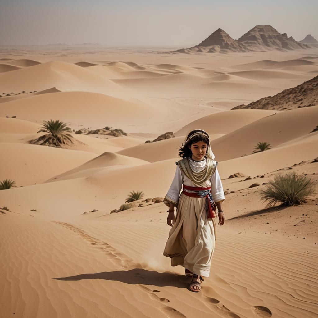 Egyptian Princess Walking Desert Path Under Approaching Sand...