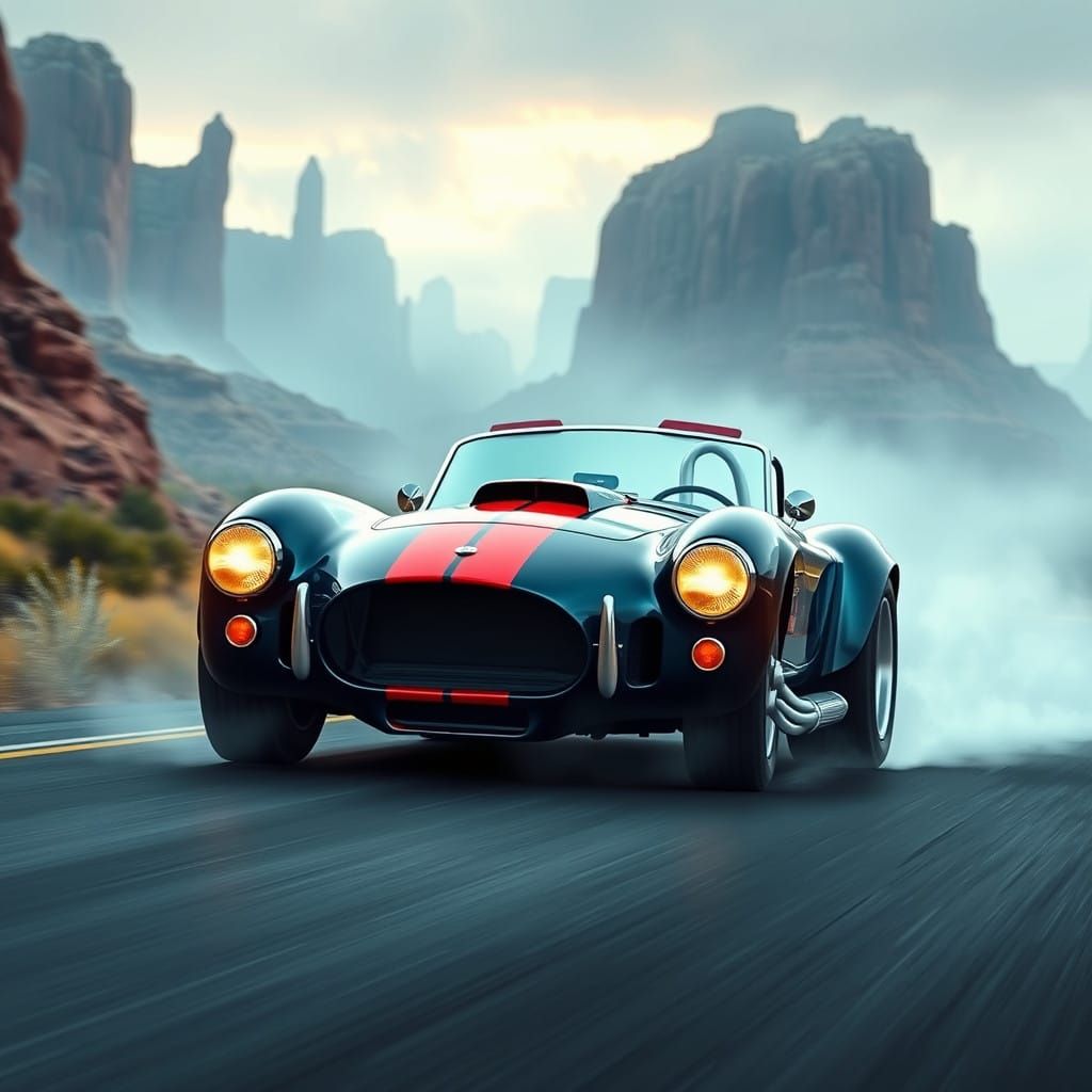 AC Cobra Long Hearse Concept Cruises Utah Road in Hyperreali...