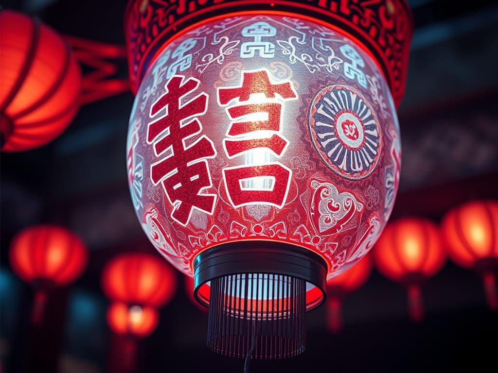 Futuristic Chinese Lantern with Holographic Pixel Art
