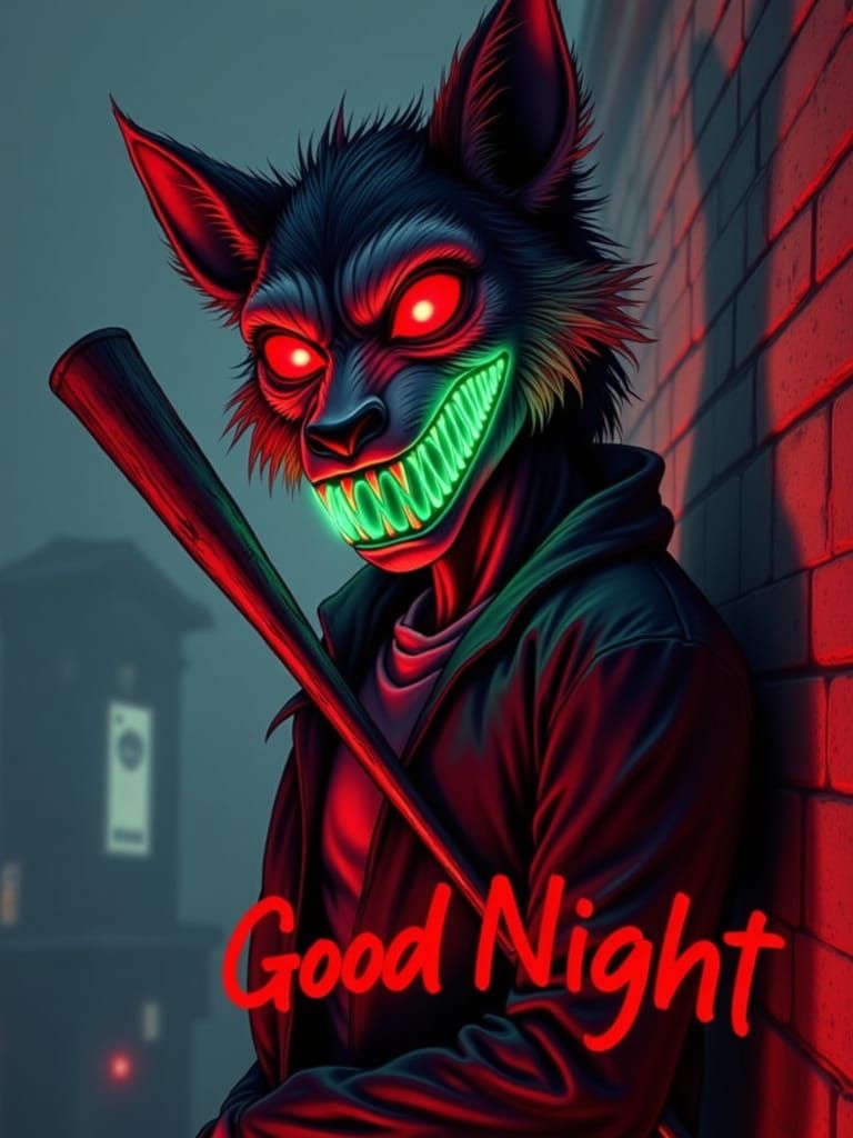 LED Masked Hyena Leaning Against Brick Wall