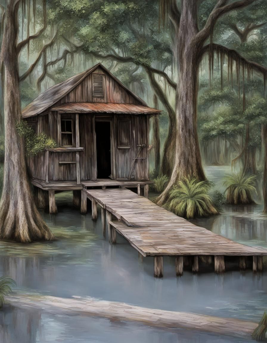 Hyperrealistic Louisiana Swamp Shack with Cypress Trees