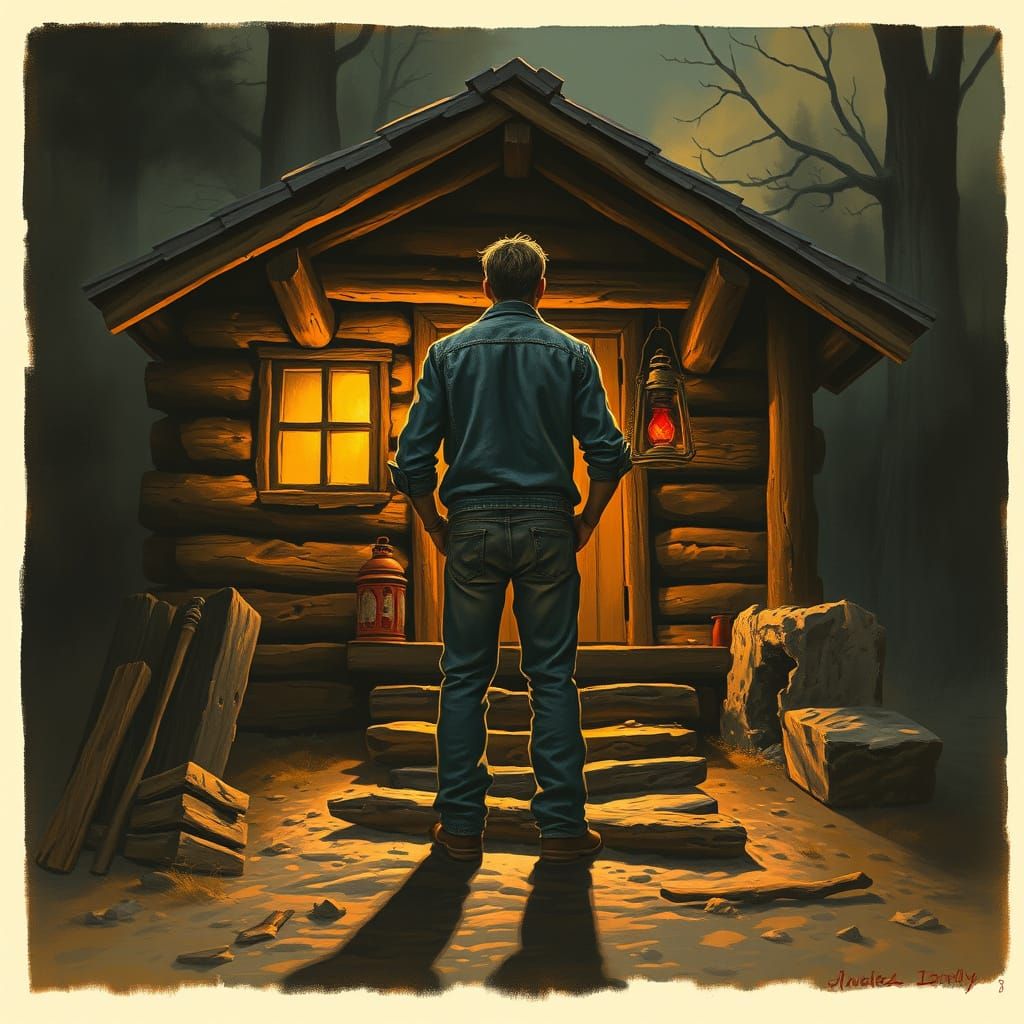 Rustic Cabin Scene with Scarlet Lamp, in Gurney Style