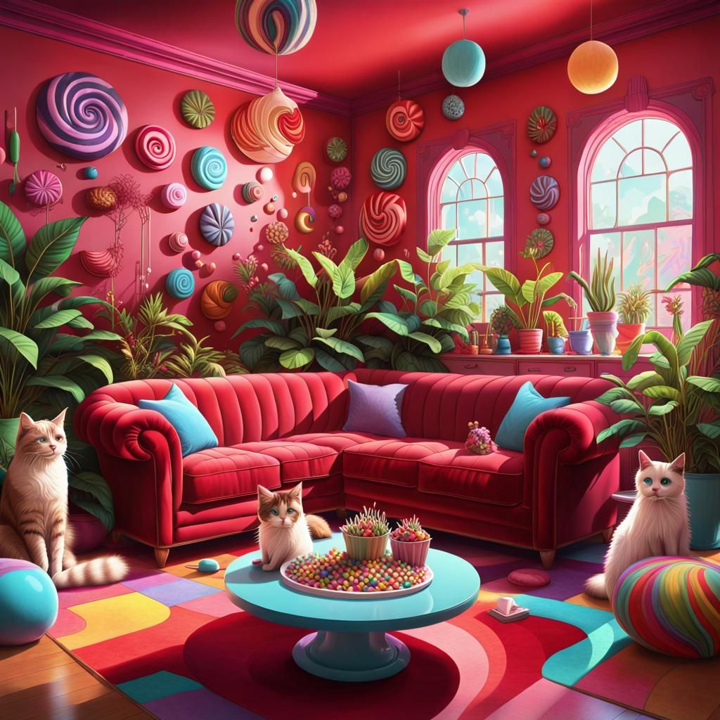 Psychedelic Room with Cats in Candy Art Style