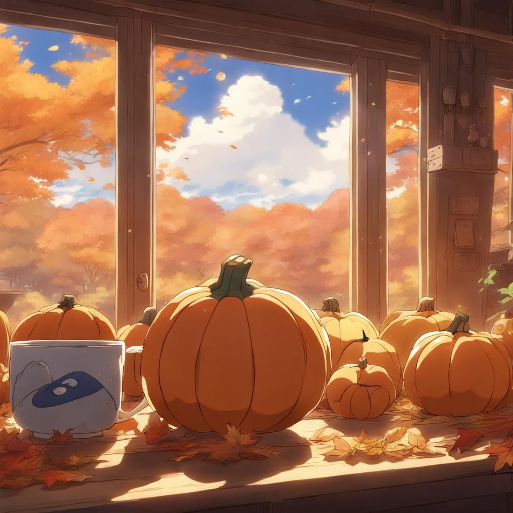 Cute Fall Pumpkin Spice in Ghibli Anime Style