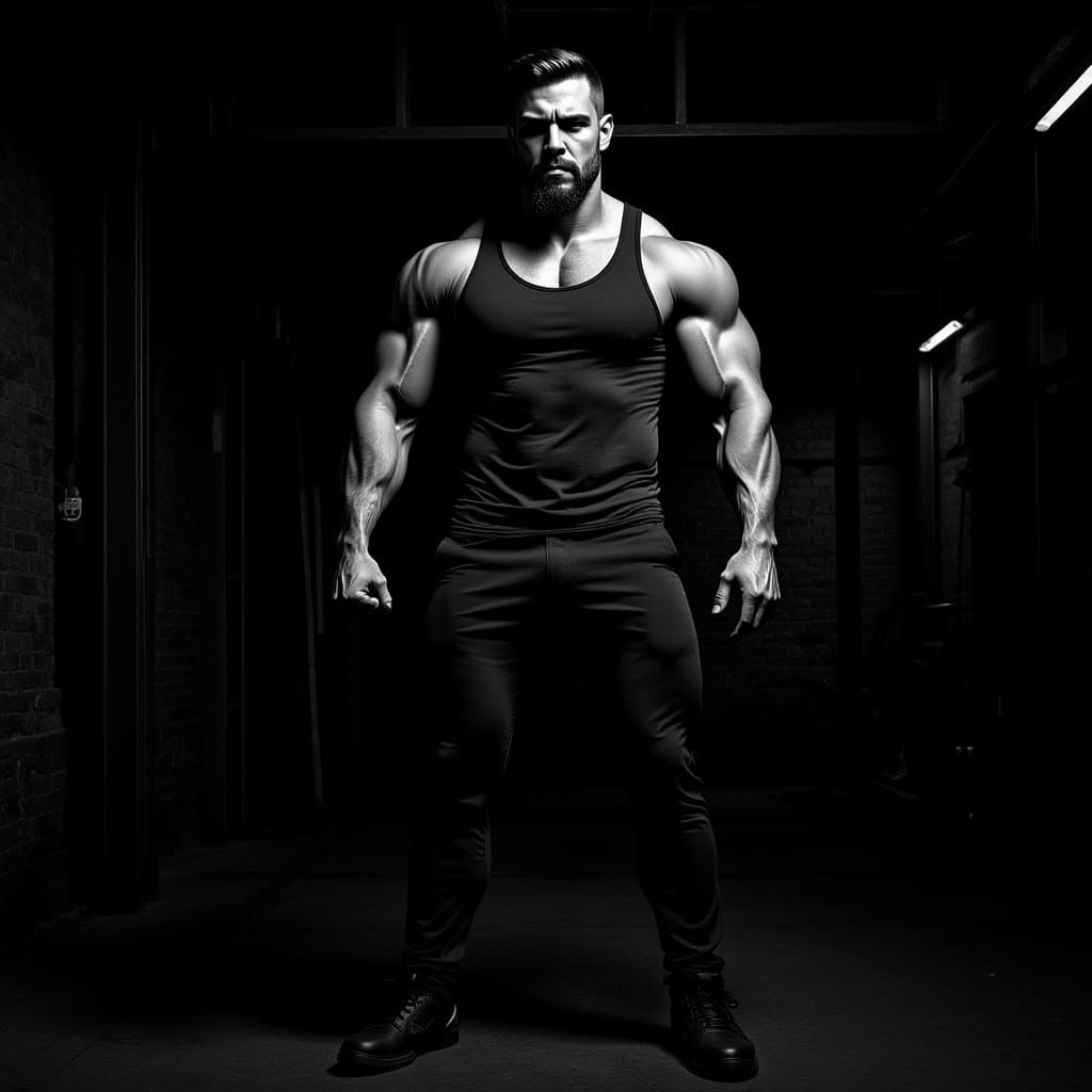 Bodybuilder Mid-Lift in Gritty Gym, Photorealistic Style