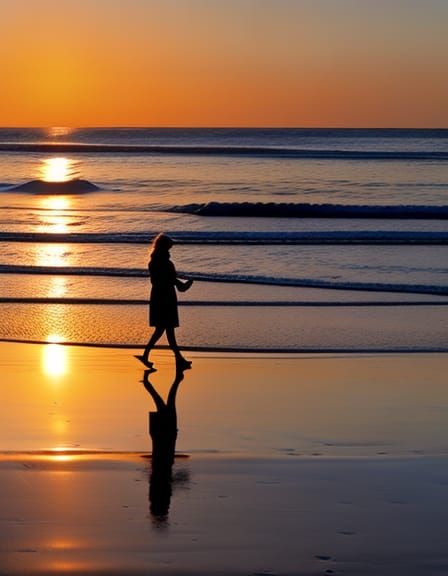 Hyperrealistic Woman Walks on Beach at Sunrise
