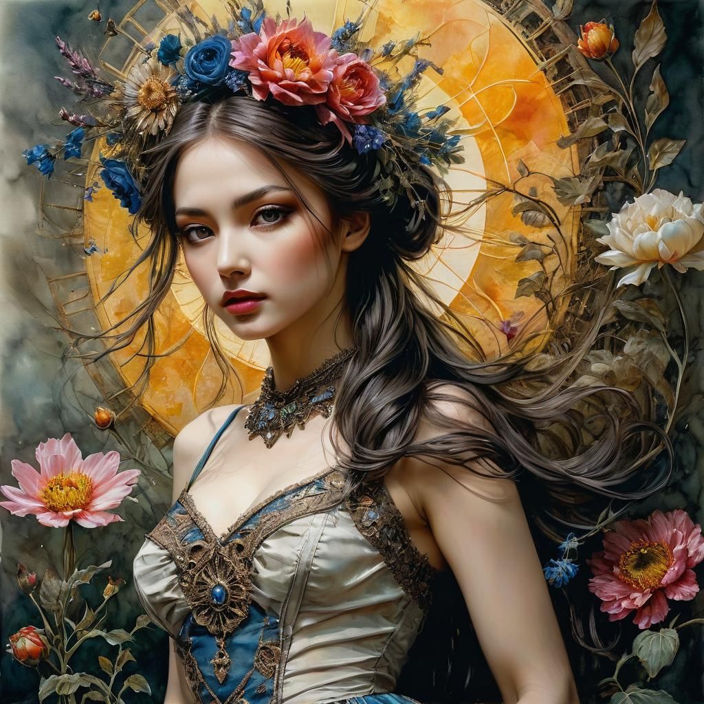 Golgothan Surreal Watercolor Maiden with Flower Dress