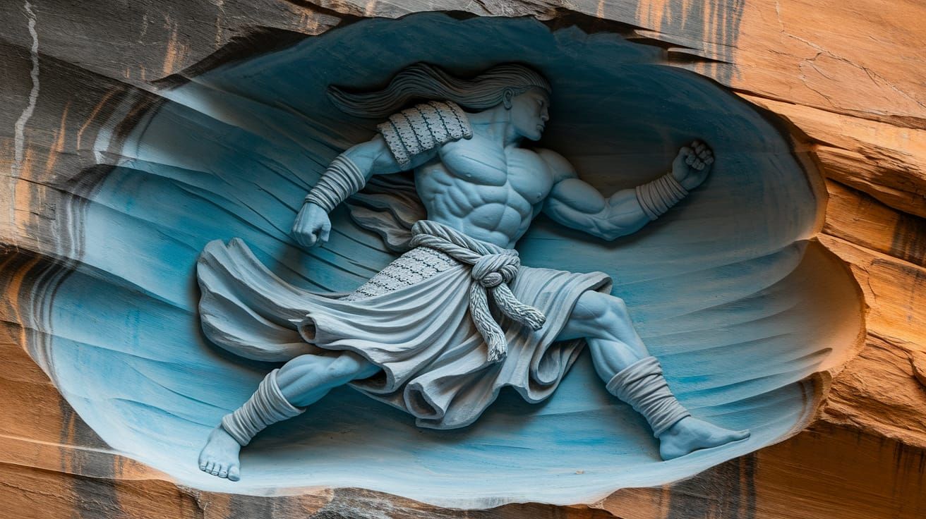 Ronin Warrior Bas-Relief Sculpture on Stone Cliff